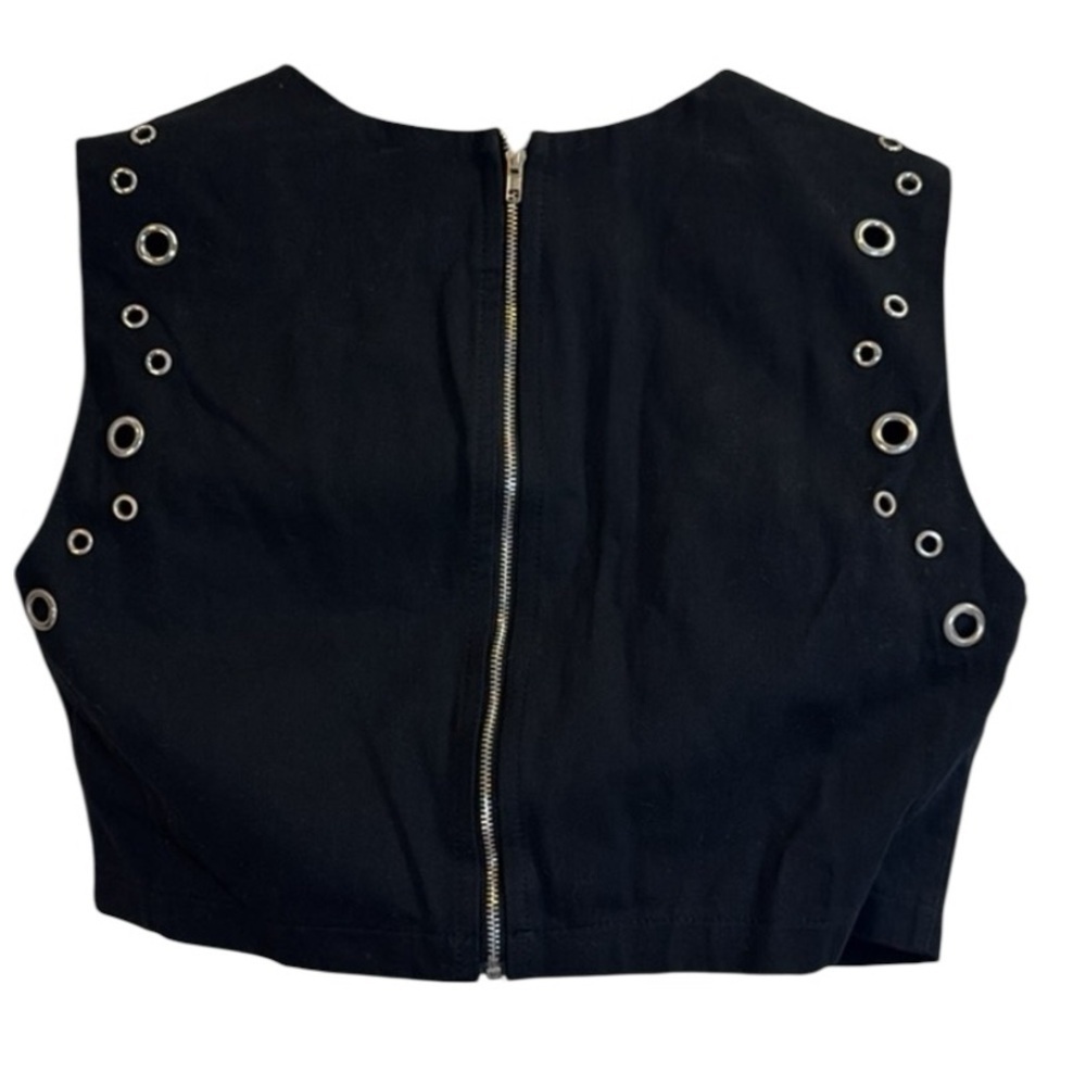 NWT Black Eyelet Crop Top Zip Up Back Sleeveless Shirt Vest - Picture 2 of 6
